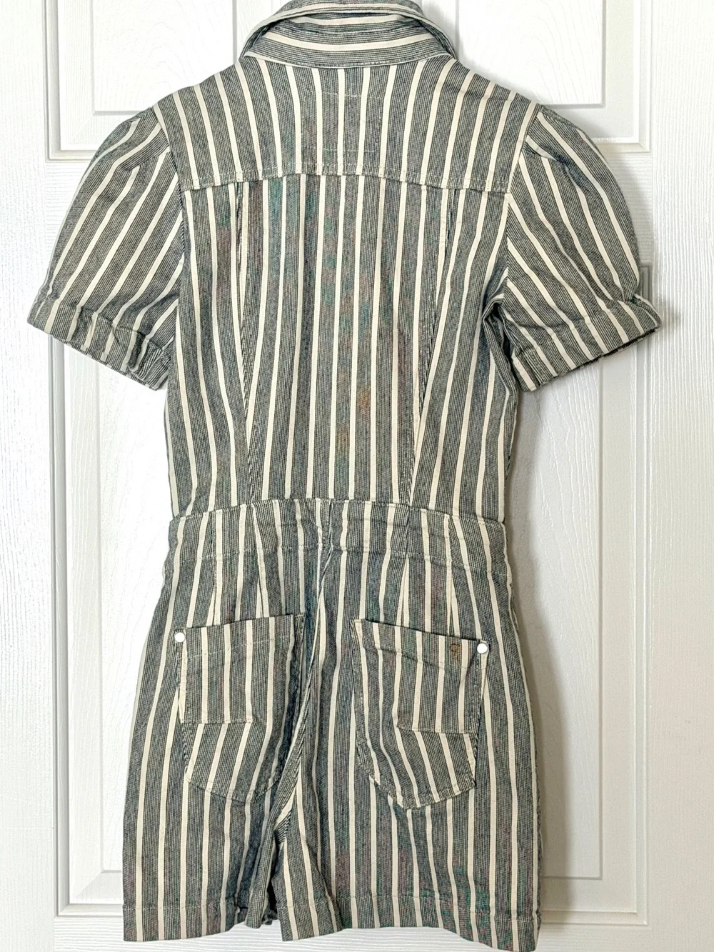 Pilcro Anthropologie Stripe Puff Sleeve Utility Romper Coastal Cottagecore 2